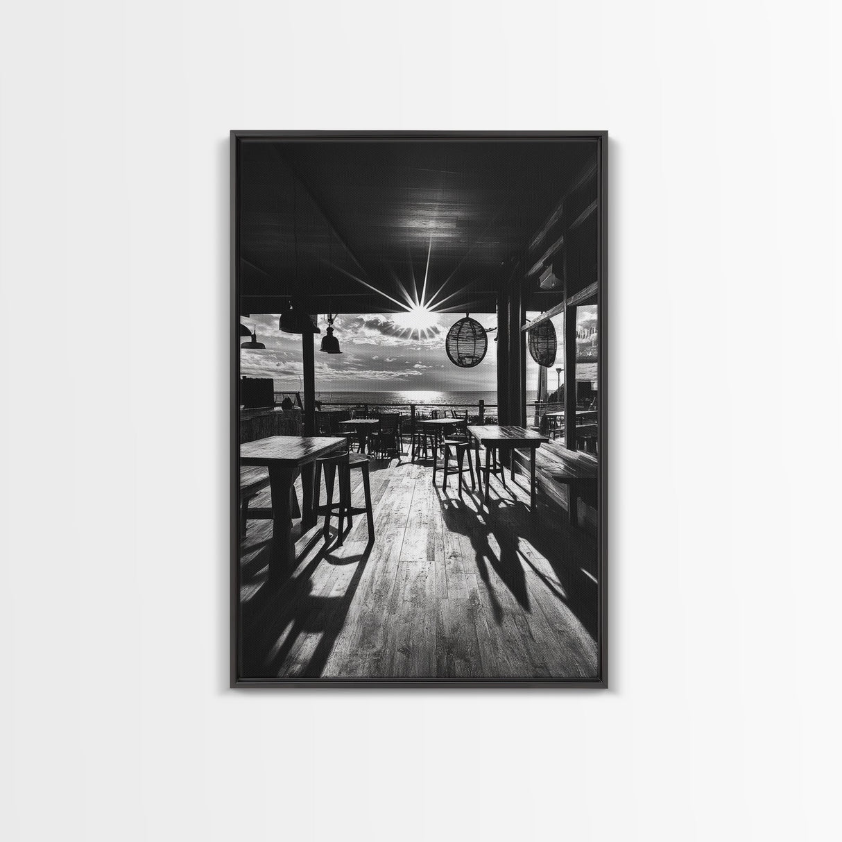 Ocean, Deck, Sunset, Rays - Golden hour beach bar shadows, Canvas Print, perfect dining room or kitchen wall art, rustic coastal decor