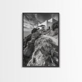 Cliffside Villa, Mediterranean Home, Desert Garden, Rustic Landscape Print, Framed Canvas Print, Modern Boho Living Room Art