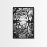 Misty Forest Trees, Reflection Photography, Nature Landscape, Canvas Print, Neutral Tones, Bedroom Wall Decor, Moody Autumn Forest Art