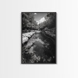 River Reflection, Nature Calm, Forest Stream, Canvas Print, Black and White Landscape Wall Art, Rustic Bathroom Decor, Tranquil Home Vibe