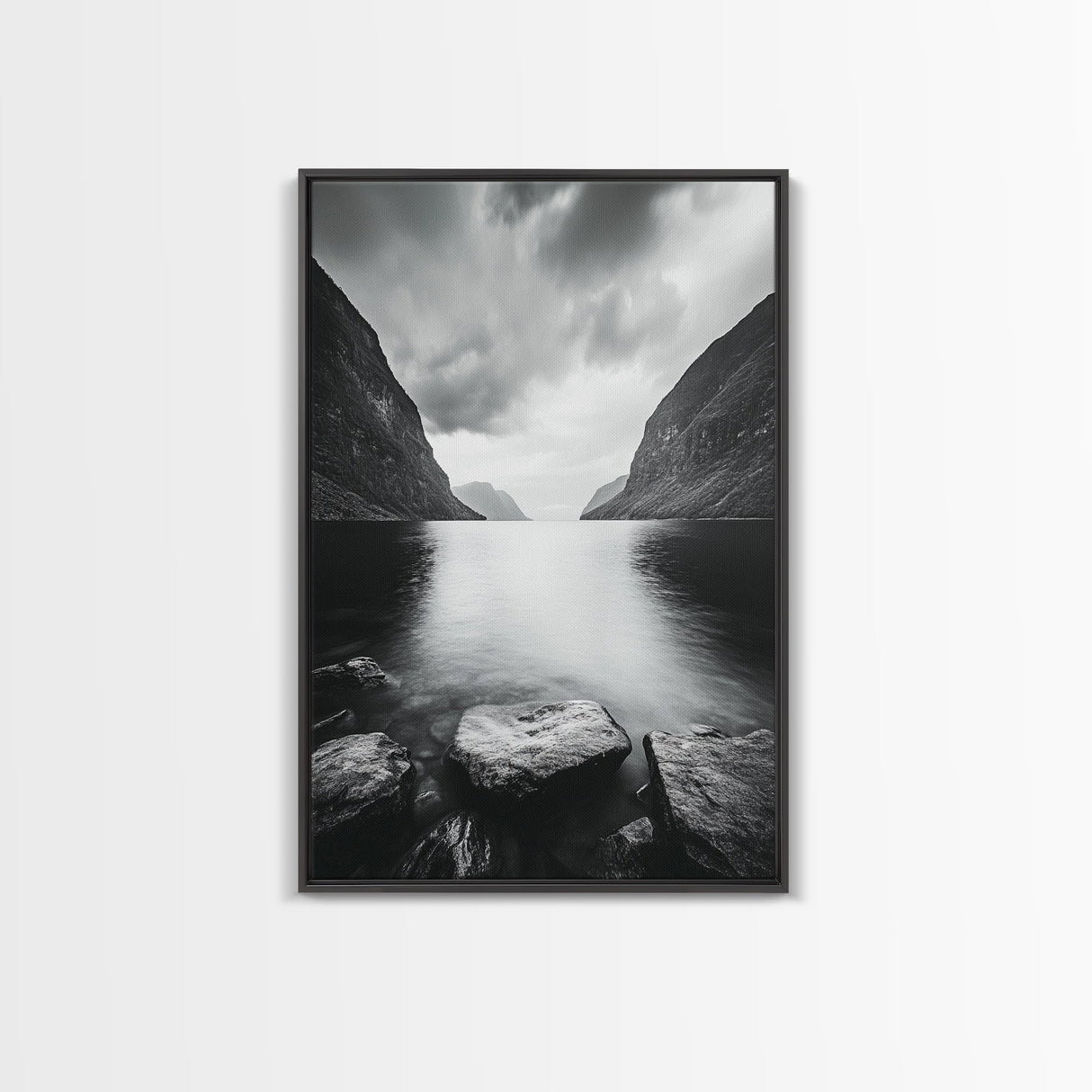 Mountain Lake, Nordic Fjord, Moody Water, Framed Canvas Print, Minimalist Wall Art, Serene Living Room Decor, Monochrome Nature Scene