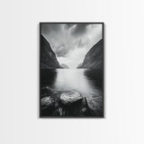 Mountain Lake, Nordic Fjord, Moody Water, Framed Canvas Print, Minimalist Wall Art, Serene Living Room Decor, Monochrome Nature Scene