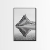 Mountain Mirror, Coastal Peak, Serene Beach, Canvas Print, Minimalist Landscape Art, Modern Living Room Wall Decor, Monochrome Nature Style