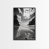 Dragonfly Flight, Beach View, Nature Dream, Framed Canvas Print, Whimsical Wall Art, Surreal Living Room Decor, Black and White Nature Style