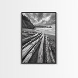 Driftwood Beach, Coastal Logs, Wild Shore, Canvas Print, Rustic Ocean Wall Art, Cabin Bathroom Decor, Nature Inspired Photography