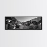 Mediterranean Market Scene, Travel Wall Decor, Rustic Street View, Framed Canvas Print, Kitchen Wall Art, Black and White Photography