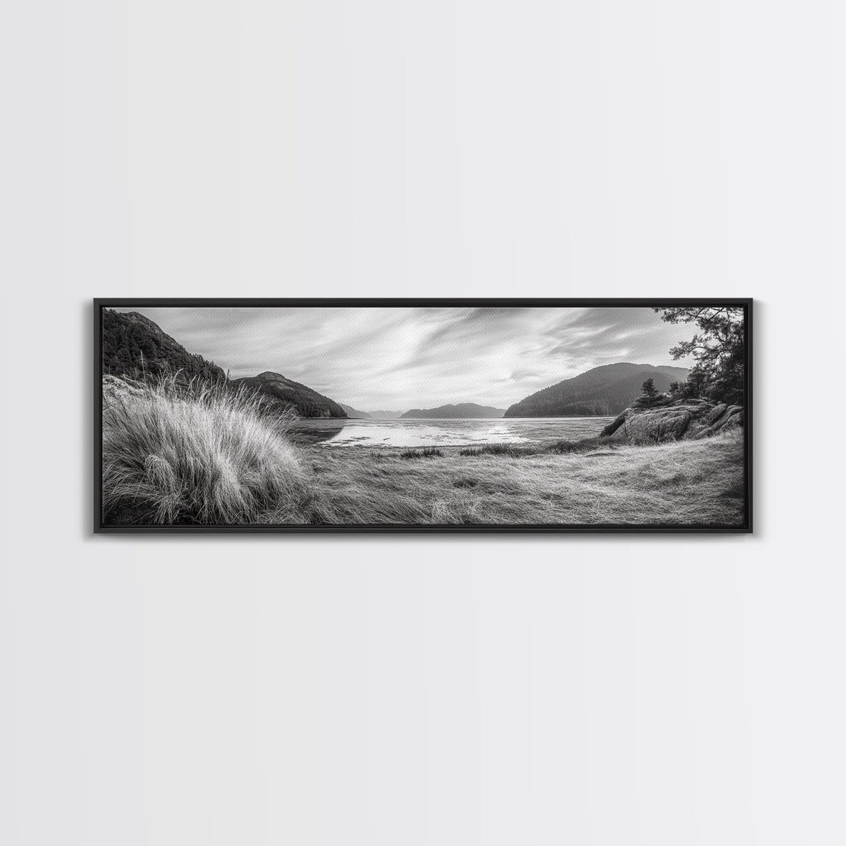 Mountain Lake Calm, Tranquil Nature Reflection, Forest Valley Art, Framed Canvas Print, Minimalist Wall Decor, Serene Landscape Print