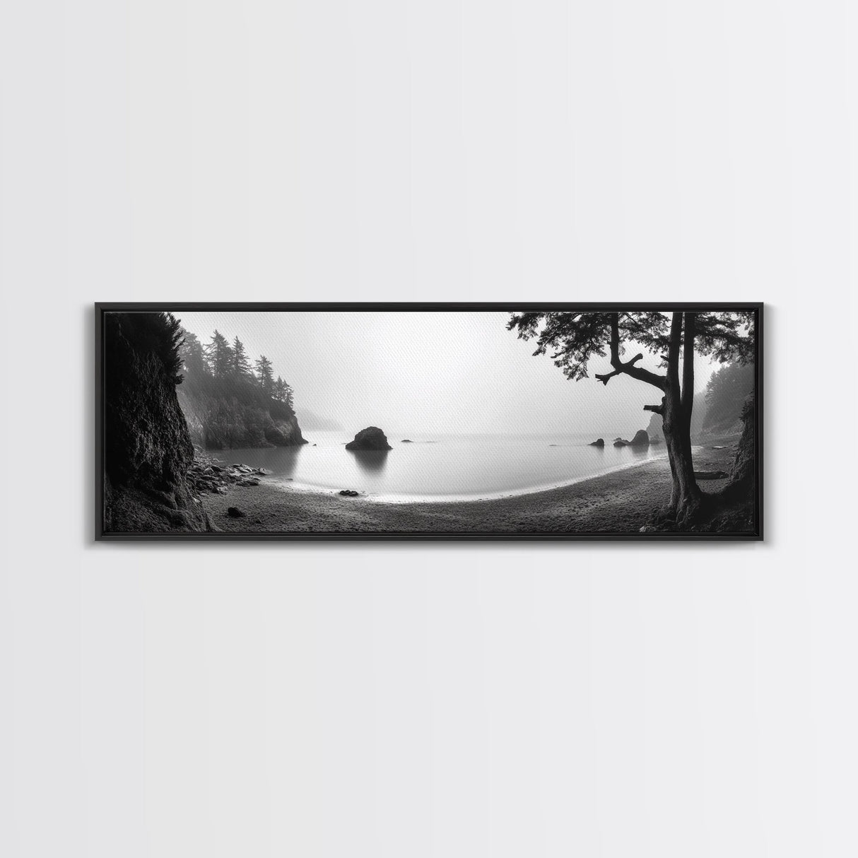 Misty Cove, Pacific Coast, Tranquil Shore, Canvas Print, Zen Nature Wall Art, Bathroom Decor, Moody Black and White Art
