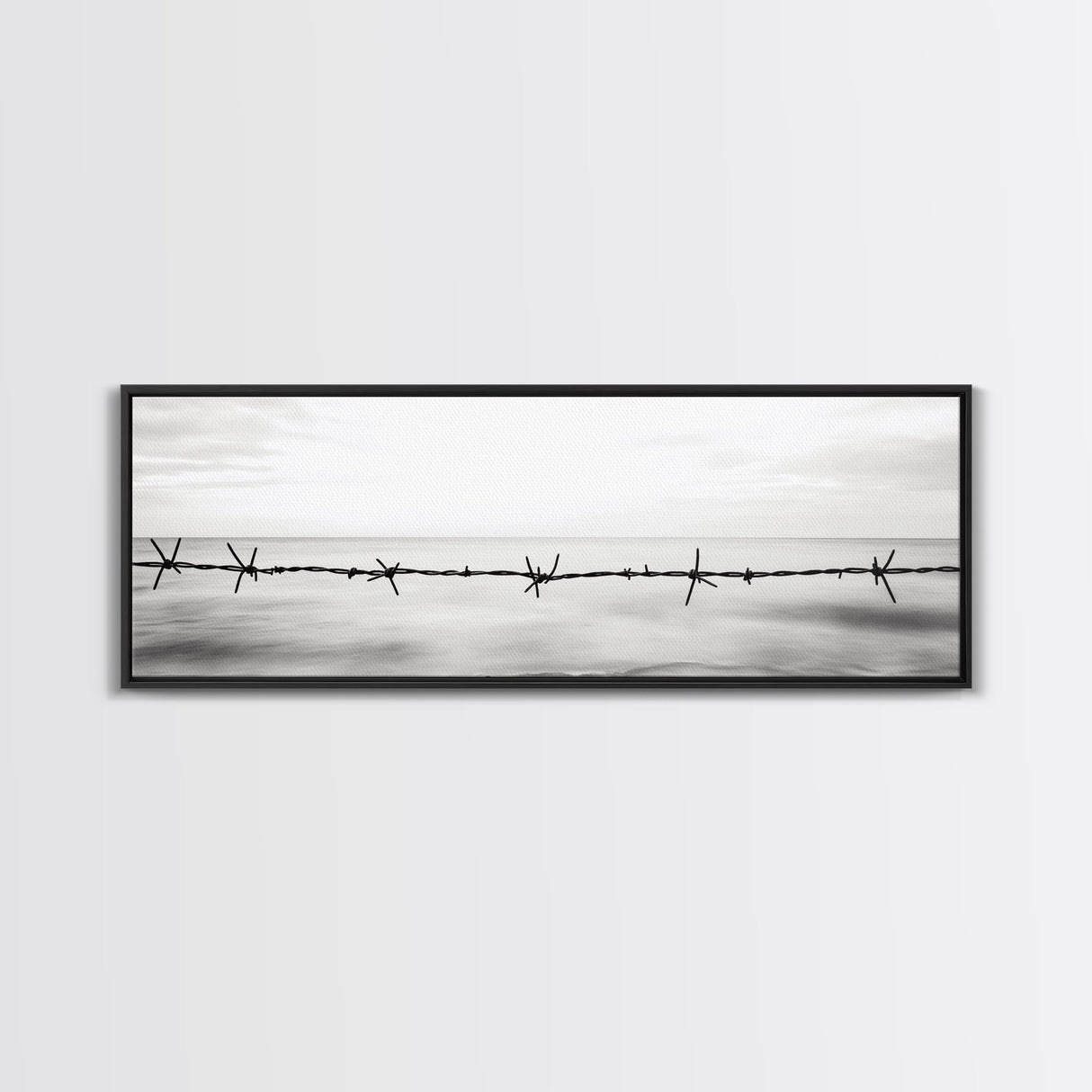 Barbed Wire, Ocean Horizon, Minimal Seascape, Stark Contrast, Framed Canvas Print, Modern Office Art, Minimalist Style, Black and White Art