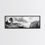 Ocean Cliff, Pine Trees, Foggy Coast, Canvas Print, Dramatic Nature Wall Art, Rustic Cabin Decor, Black and White Landscape