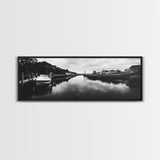 Boat Dock, Quiet Bay, Marina Reflections, Framed Canvas Print, Nautical Wall Art, Lakehouse Decor, Minimalist Coastal Vibes, Black White Art
