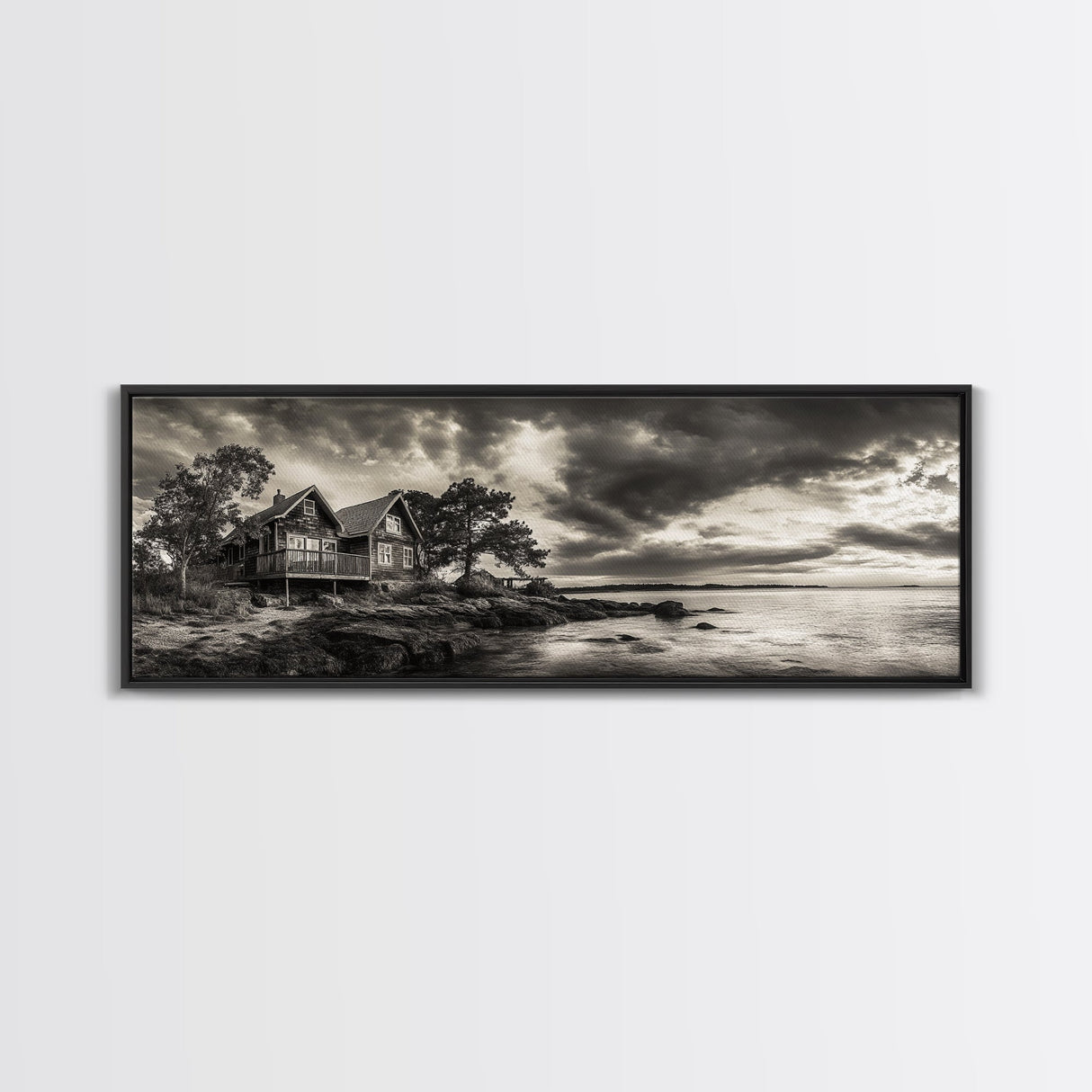 Lakeside Cabin, Stormy Sky, Rustic Escape, Framed Canvas Print, Cabin Wall Art, Lake House Decor, Autumn Living Room Art, Cozy Lodge Style