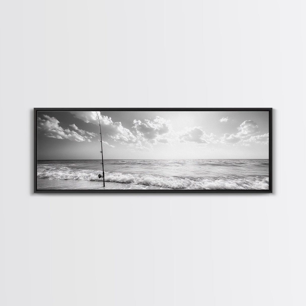 Beach Fishing, Ocean Waves, Rod and Reel, Framed Canvas Print, Coastal Living Wall Art, Minimalist Nautical Decor, Beach House Aesthetic