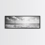 Beach Fishing, Ocean Waves, Rod and Reel, Framed Canvas Print, Coastal Living Wall Art, Minimalist Nautical Decor, Beach House Aesthetic