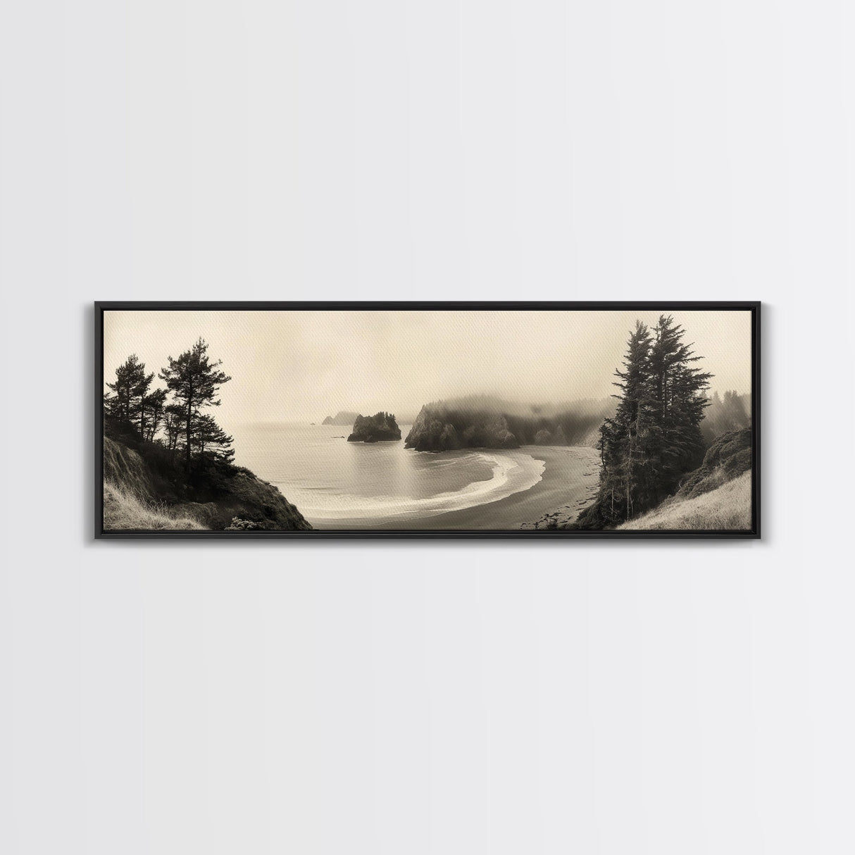 Misty Bay, Forested Coast, Moody Landscape, Serene Shoreline, Framed Canvas Print, Coastal Wall Art, Bedroom Decor, Earthy Tones