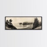 Misty Bay, Forested Coast, Moody Landscape, Serene Shoreline, Framed Canvas Print, Coastal Wall Art, Bedroom Decor, Earthy Tones