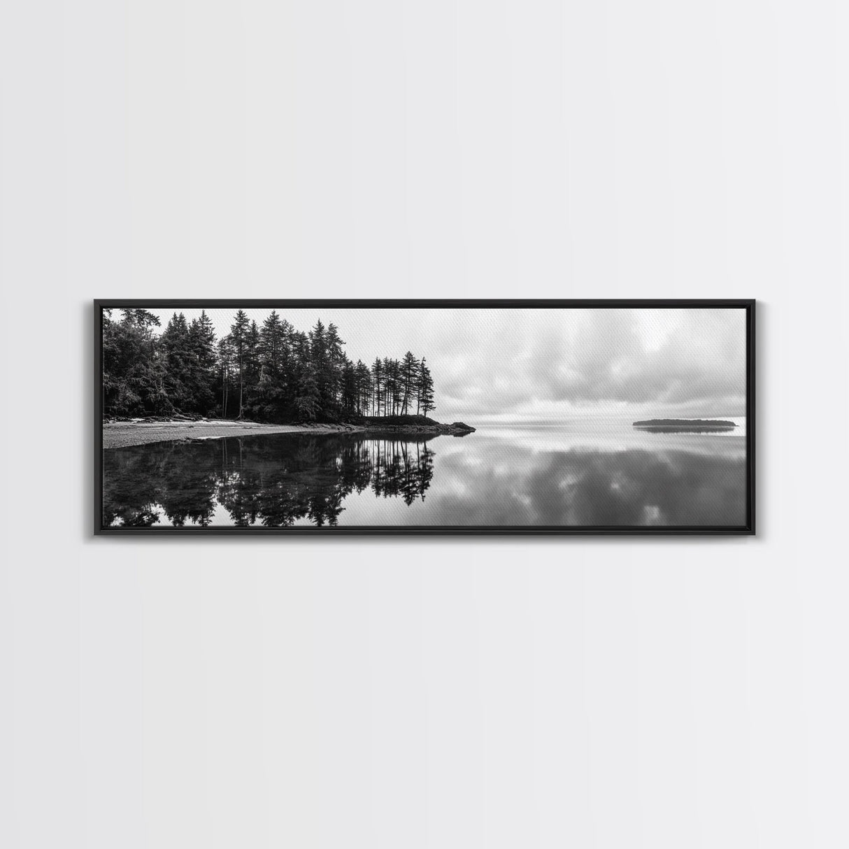 Reflected Pines, Quiet Lake, Forest Island, Calm Waters, Framed Canvas Print, Nature Photography, Minimal Wall Art, Office Decor
