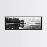 Reflected Pines, Quiet Lake, Forest Island, Calm Waters, Framed Canvas Print, Nature Photography, Minimal Wall Art, Office Decor