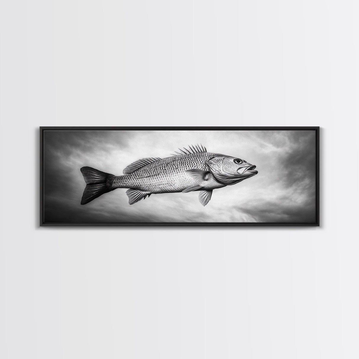 Floating Fish, Surreal Ocean, Realistic Scales, Sky Scene, Framed Canvas Print, Nautical Wall Art, Coastal Decor, Fishing Cabin Aesthetic