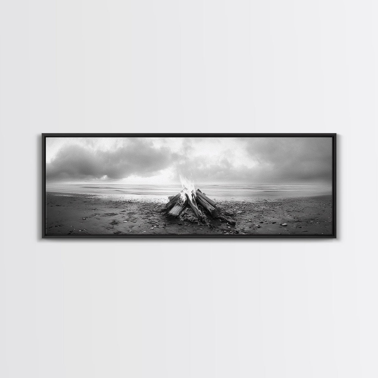 Beach Bonfire, Coastal Glow, Driftwood Fire, Ocean Calm, Framed Canvas Print, Fall Wall Art, Living Room Decor, Nature Photography Style