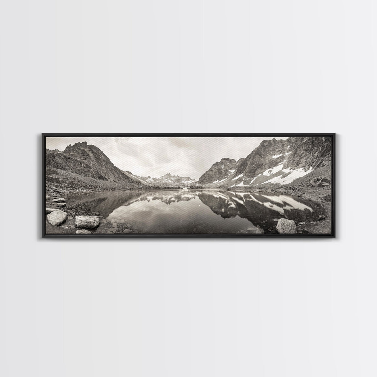 Alpine Reflection, Snowy Peaks, Tranquil Water, Framed Canvas Print, Nature Photography, Minimalist Wall Art, Bedroom or Office Decor