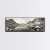 Alpine Reflection, Snowy Peaks, Tranquil Water, Framed Canvas Print, Nature Photography, Minimalist Wall Art, Bedroom or Office Decor