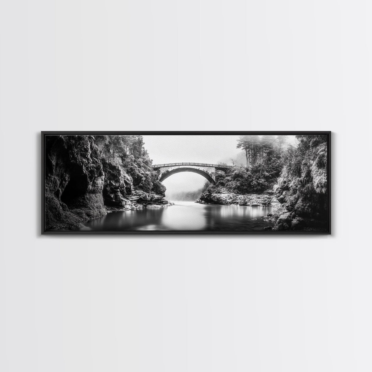 Stone Bridge, Forest River, Morning Mist, Canvas Print, Black and White Landscape, Nature Wall Art, Rustic Bathroom Art, Den Decor