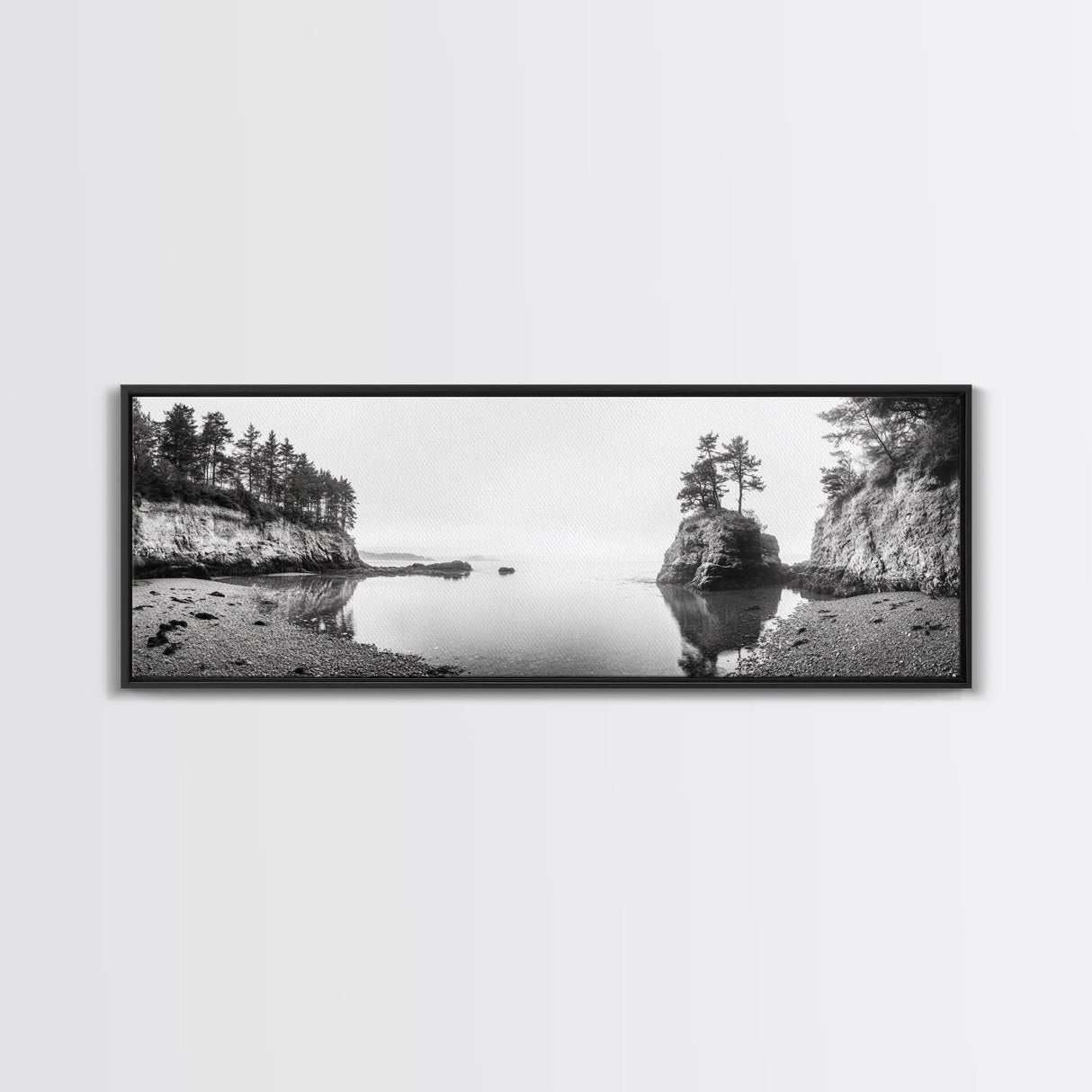 Forest Cove, Serene Shoreline, Calm Reflections, Canvas Print, peaceful nature wall art, neutral tones decor, minimalist bathroom artwork