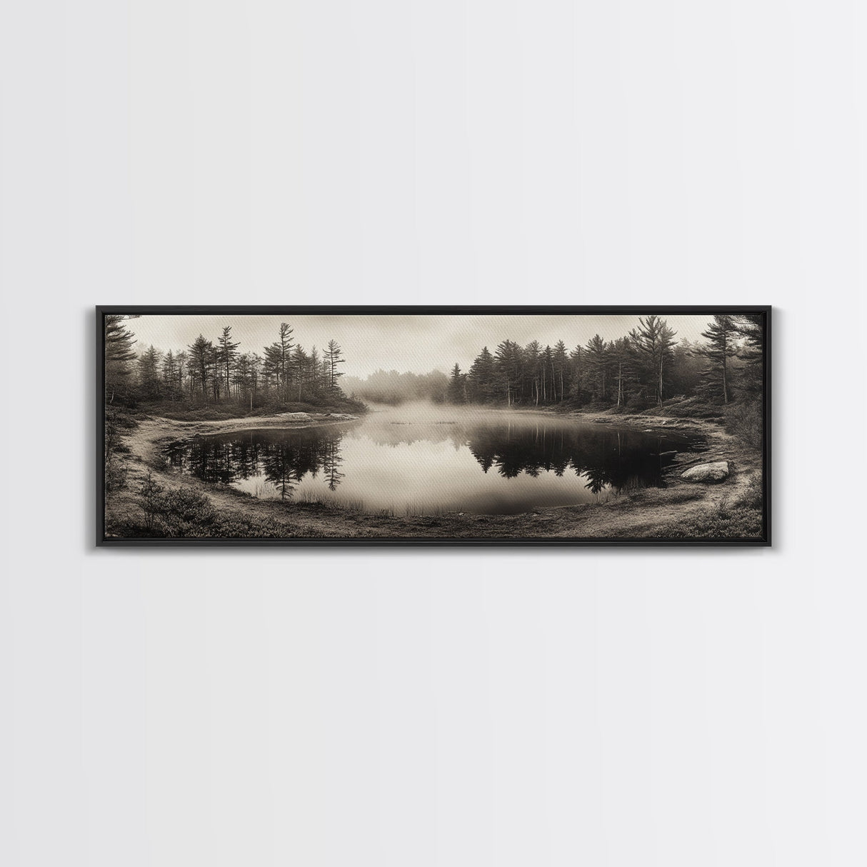 Misty Forest, Autumn Lake, Fog Reflections, Framed Canvas Print, cozy cabin decor, woodland living room art, rustic Fall photography