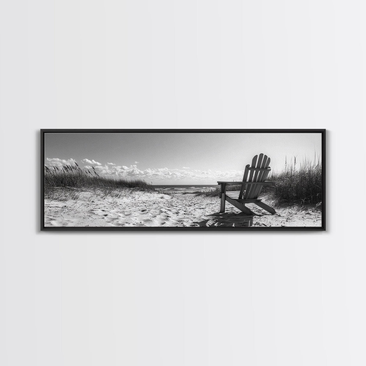 Sand Dunes, Beach Chair, Sea Grasses, Ocean Path, Framed Canvas Print, Coastal Wall Art, Relaxation Theme, Minimalist Beach House Decor