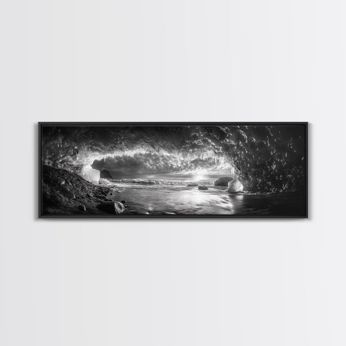 Ice Cave, Winter Seascape, Arctic Sunset, Canvas Print, dramatic frozen landscape art, black and white Christmas decor, cozy winter home art