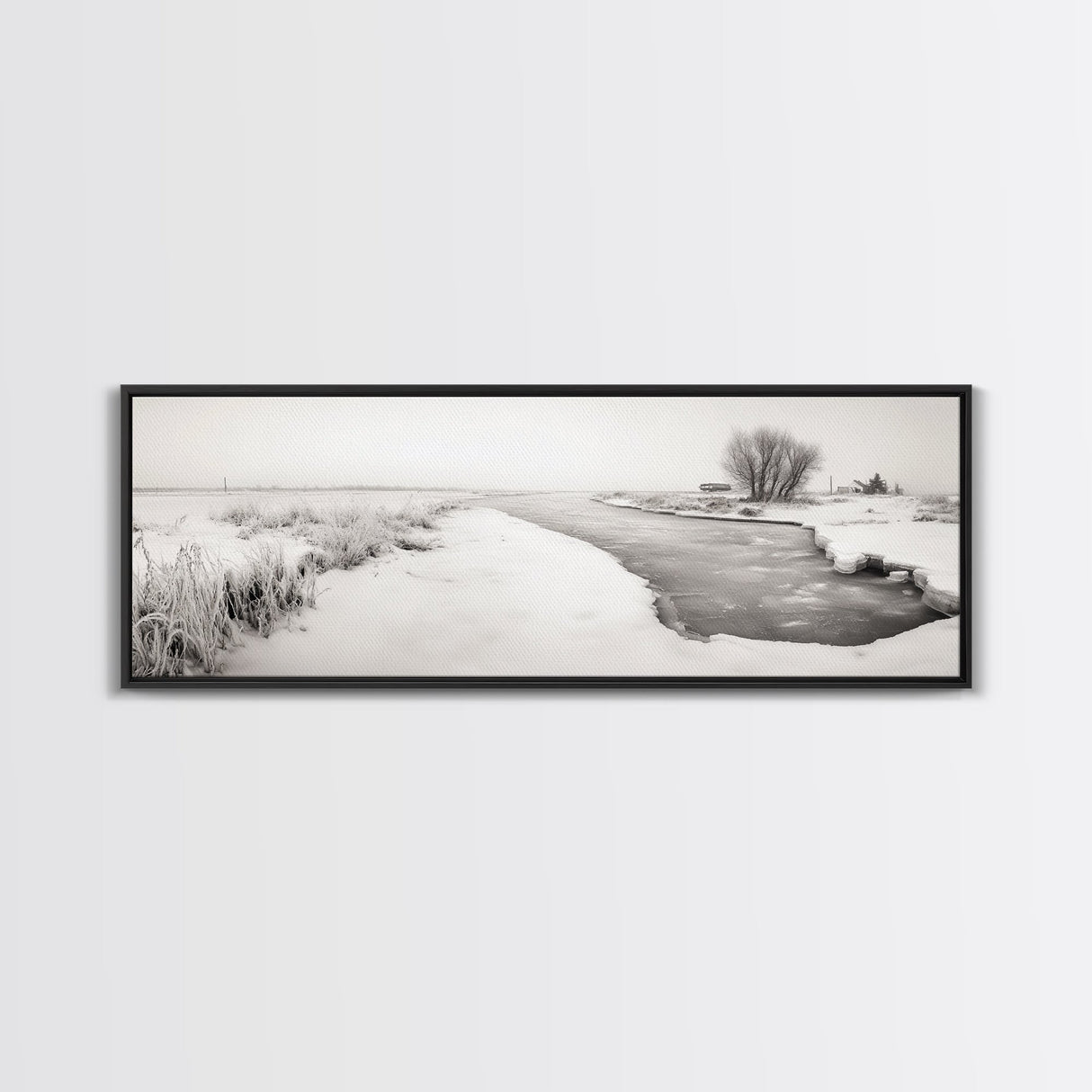 Winter River, Frosty Fields, Minimalist Landscape, Canvas Print, Modern neutral art, Rustic home decor, Entryway wall art, Scandinavian vibe