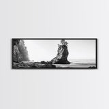 Sea Stack, Rugged Coast, Ocean Cliffside, Framed Canvas Print, Coastal landscape, Nature photography, Office wall art, Monochrome design