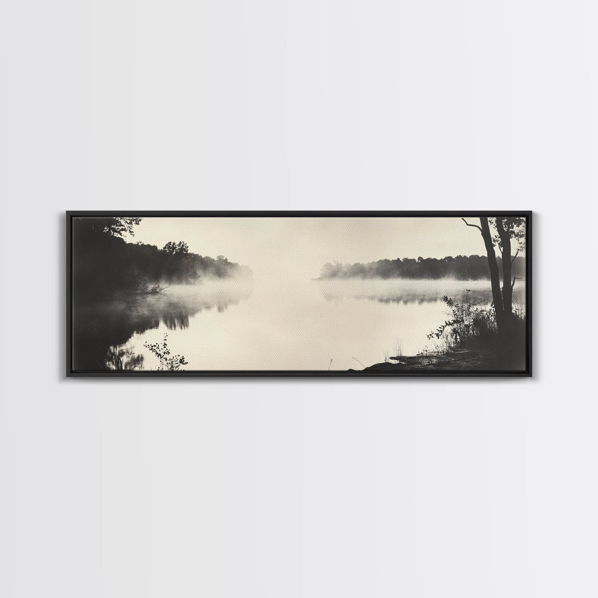 Misty River, Forest Reflection, Black and White Nature, Framed Canvas Print, Tranquil Decor, Bedroom Wall Art, Moody Minimalist Art