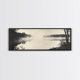 Misty River, Forest Reflection, Black and White Nature, Framed Canvas Print, Tranquil Decor, Bedroom Wall Art, Moody Minimalist Art