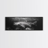Underwater Fish, Lake Trout, Black and White Ocean, Framed Canvas Print, Coastal Bathroom Art, Fisherman Gift, Nautical Wall Decor