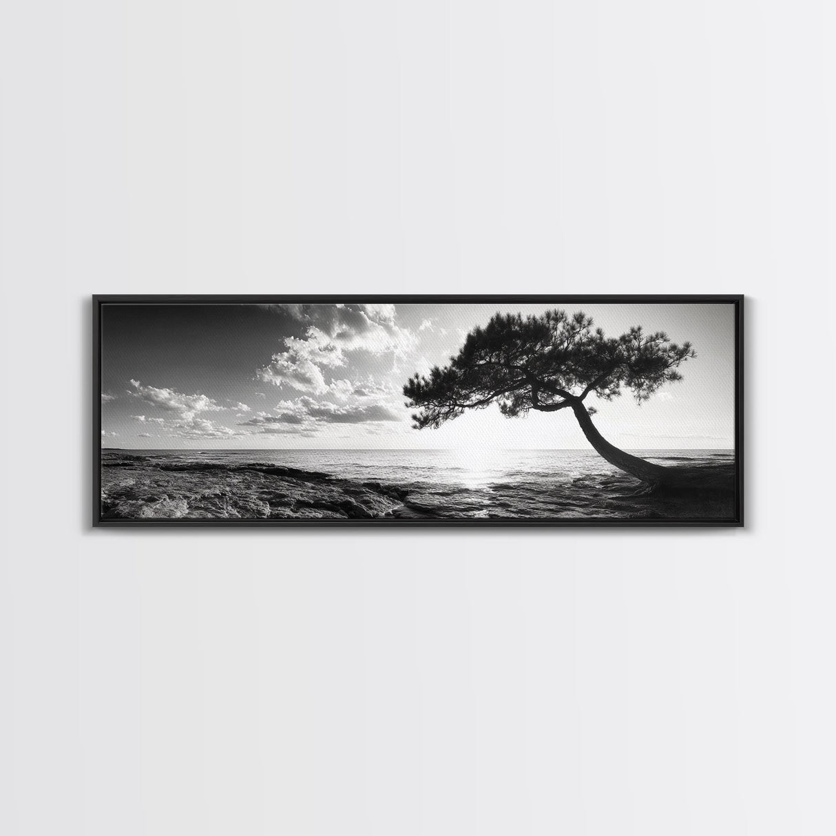 Lone Tree, Coastal Sunset, Ocean Horizon, Framed Canvas Print, Tranquil Landscape Art, Meditation Room Wall Art, Nature Zen Decor