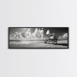 Lifeguard Tower Sky, Beach Scene Clouds, Surfside Minimalism, Framed Canvas Print, Bathroom Wall Art, Modern Coastal Decor