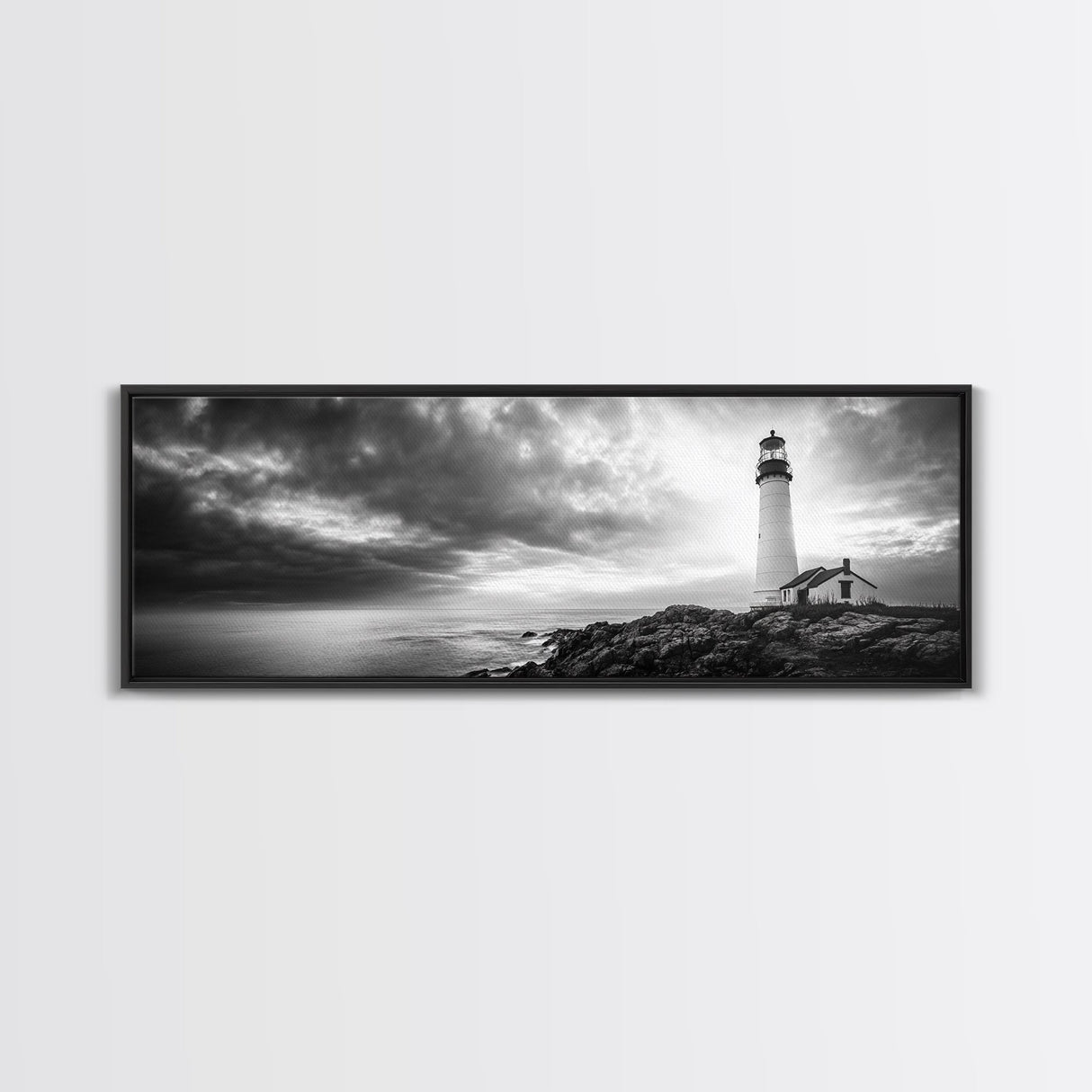 Dramatic Lighthouse Coast, Ocean Storm Horizon, Coastal Adventure, Framed Canvas Print, Living Room Wall Art, Nautical Fall Decor