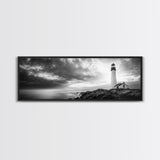 Dramatic Lighthouse Coast, Ocean Storm Horizon, Coastal Adventure, Framed Canvas Print, Living Room Wall Art, Nautical Fall Decor