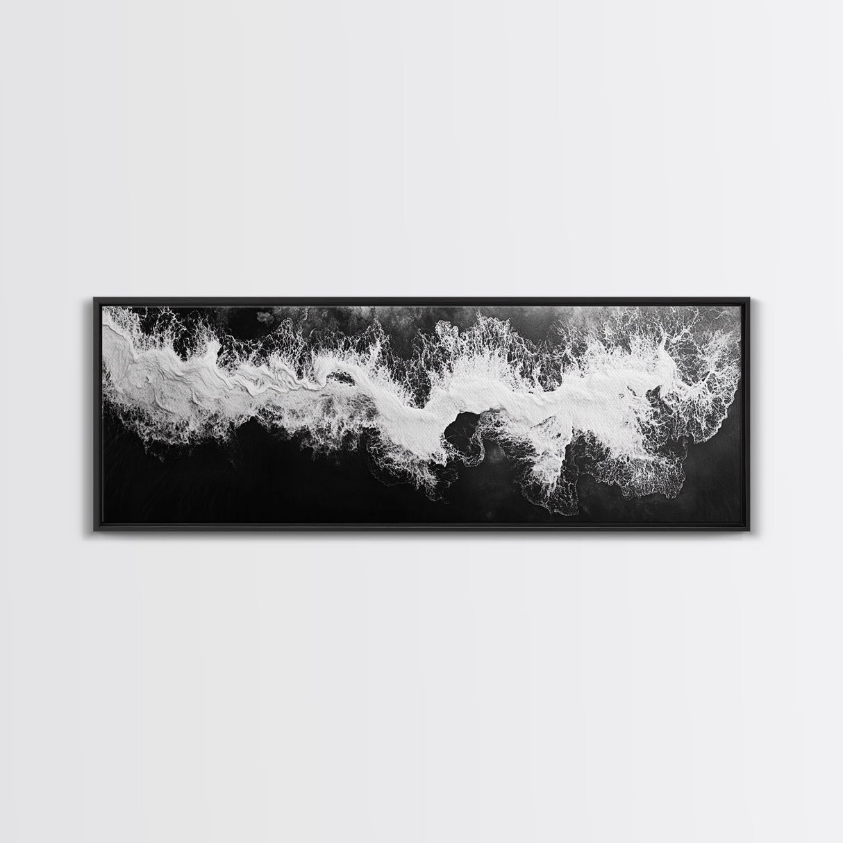 Ocean Wave, Aerial Surf, Coastal Abstract, Monochrome Motion, Framed Canvas Print, Modern Bathroom Art, Minimalist Art, Black and White Decor