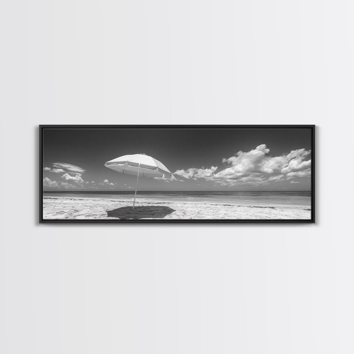 Beach Umbrella, Sunny Sky, Ocean Escape, Seaside Shade, Framed Canvas Print, Summer Wall Art, Bathroom Decor, Minimalist Coastal Style