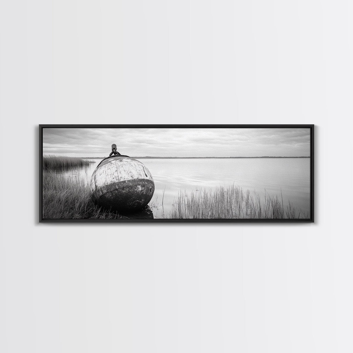 Coastal Buoy, Still Waters, Nautical Calm, Framed Canvas Print, Lakeside Bathroom Art, Maritime Style, Rustic Ocean Decor