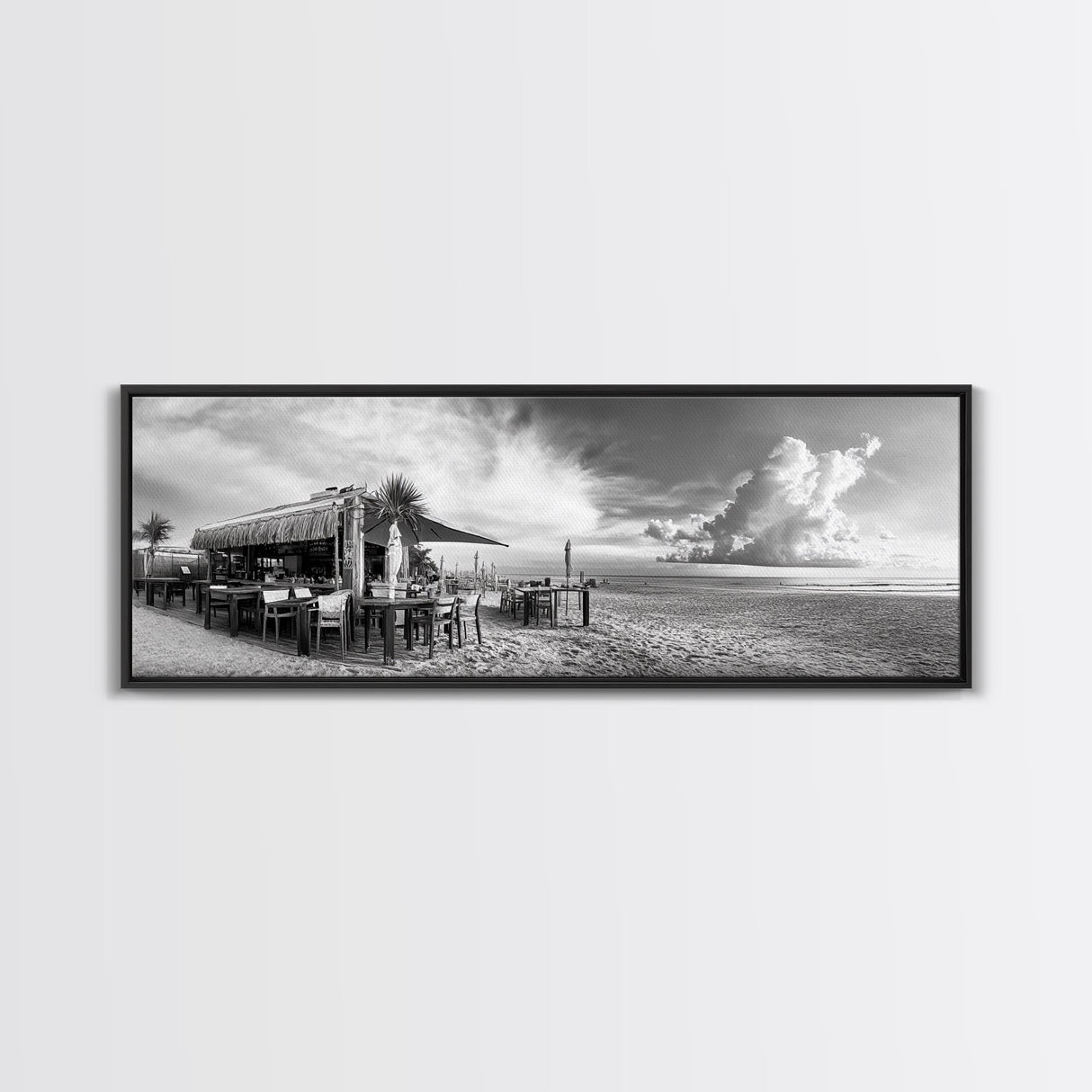 Seaside Bar, Beach Café, Oceanfront Dining, Cloudy Sky, Framed Canvas Print, Kitchen Wall Art, Black and White Tropical Art, Travel Decor