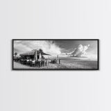 Seaside Bar, Beach Café, Oceanfront Dining, Cloudy Sky, Framed Canvas Print, Kitchen Wall Art, Black and White Tropical Art, Travel Decor