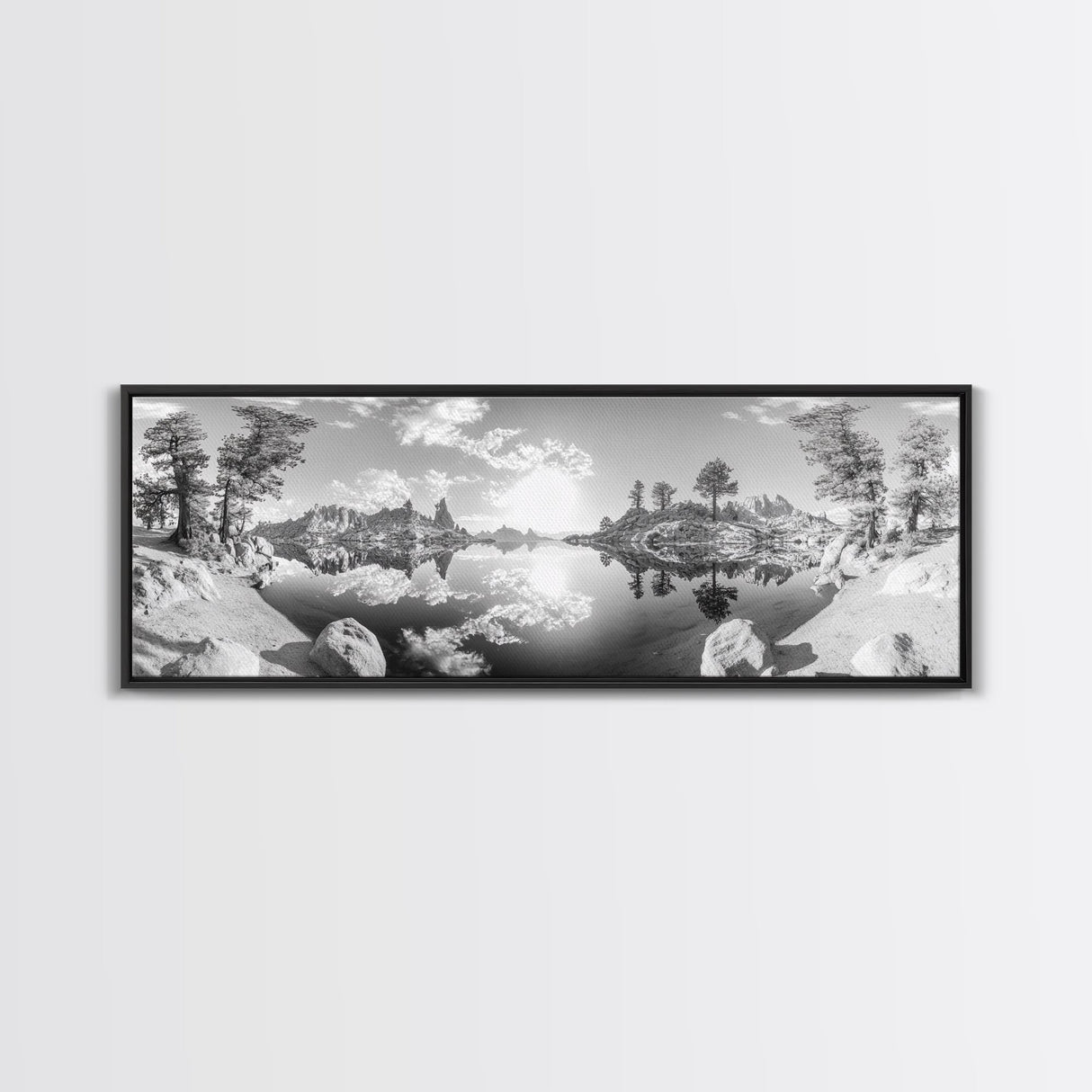 Mountain Reflections, Nature Panorama, Black and White Landscape, Framed Canvas Print, Living Room Wall Art, Modern Wilderness Decor