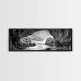 Sea Cave View, Coastal Rock Art, Monochrome Seascape, Framed Canvas Print, Bathroom Wall Art, Nature Photography, Moody Ocean Decor