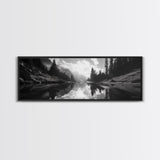 Alpine Lake Scene, Black and White Forest, Serene Mountain Print, Framed Canvas Print, Rustic Wall Art, Cabin Living Room Decor