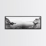 Rocky Coastline, Minimalist Seascape, Black and White Shoreline, Framed Canvas Print, Coastal Wall Art, Bathroom or Hallway Decor
