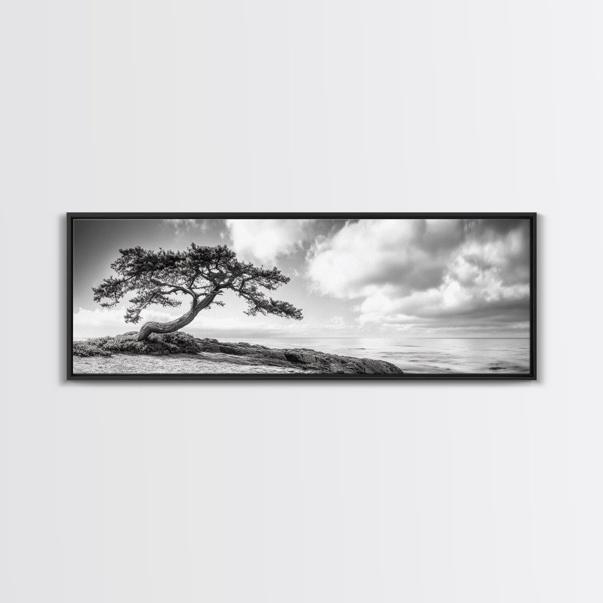 Windswept Tree, Coastal Nature, Ocean Cliff View, Framed Canvas Print, Zen Wall Art, Minimalist Decor, Calm Living Room Accent